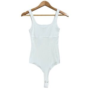 Reoria Sleeveless Tank Bodysuit White Ribbed Size Small Thong